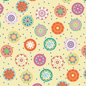 Tossed Colorful Flower Medallions on Light Yellow with Periwinkle Polka Dots