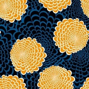 M Floral Garden - Abstract Flower - Mustard Yellow Craspedia layering on Large Midnight Black and Blue Billy Balls
