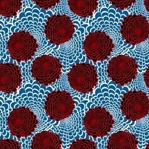 S Floral Garden - Abstract Flower - Red Black Dahlia layering on large White Blue Waves Floral