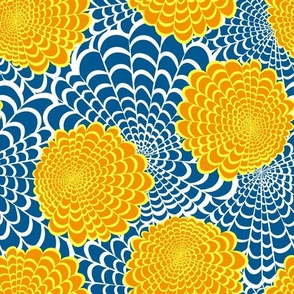 L Floral Garden - Abstract Flower - Yellow marigold layering on large White and Blue flower waves in Summer