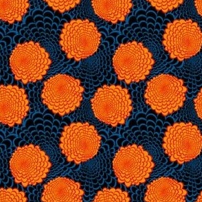 S Floral Garden - Modern Abstract Flower - Orange Marigold layering on large Black Blue Midnight Chrysanthemum - Modern Floral