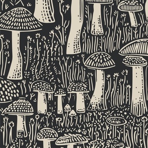 Sacred Mushrooms Lino Cut Woodblock Print Style, Black & White