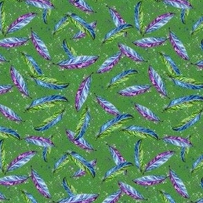 Falling Feathers on green - small, 4" repeat