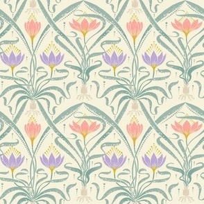 (small 4x4in) Crocus Garden on Off-white / Art Nouveau / Miniature Dollhouse Wallpaper / Off-white Background/ small scale / see collections  