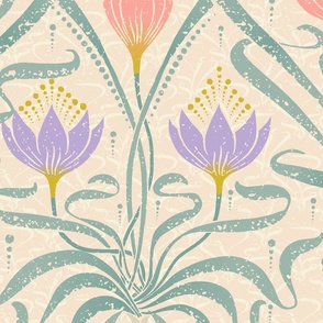 (jumbo 24in) Crocus Garden on Beige / Art Nouveau / Beige Background/ jumbo oversized scale / see collections  