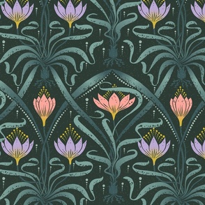 (large 12x12in) Crocus Garden on Green / Art Nouveau / Green Background/ large scale / see collections  