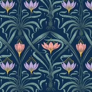 (large 12x12in) Crocus Garden on Blue / Art Nouveau / Blue Background/ large scale / see collections  