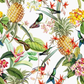 18" Vintage Tropical Birds Pineapple Paradise -white