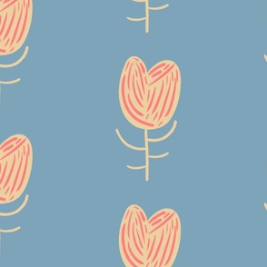 Modern beige and pink tulip bloom on a grey-blue background - half drop large