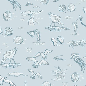 beach with kites, shells and birds on light blue | large