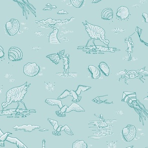 beach with kites, shells and birds on light cyanish gray | large