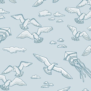 seagulls, kites and clourds on light blue | large