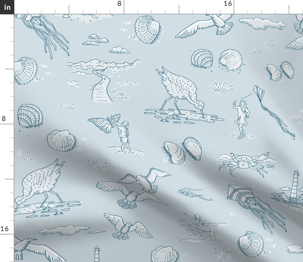 beach with kites, shells and birds on light blue | medium