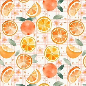 14" whimsical cute abstract and hand painted orange and lime pattern with flowers and leaves on a peach/white grid