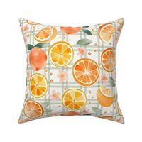 14" whimsical cute abstract and hand painted orange and lime pattern with flowers and leaves on a green/white grid
