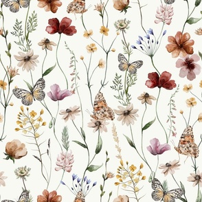 18" A beautiful cute Dried Pressed Wildflowers Meadow flower garden with wildflower and grasses and insects on white background-  for home decor Baby Girl and nursery  fabric perfect for kidsroom wallpaper,kids room   single layer