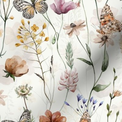 14" A beautiful cute Dried Pressed Wildflowers Meadow flower garden with wildflower and grasses and insects on white background- for home decor Baby Girl and nursery  fabric perfect for kidsroom wallpaper,kids room