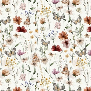 14" A beautiful cute Dried Pressed Wildflowers Meadow flower garden with wildflower and grasses and insects on white background- for home decor Baby Girl and nursery  fabric perfect for kidsroom wallpaper,kids room