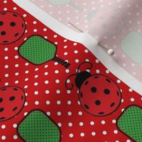 Medium Scale Ladybug Pickleballs and Paddles on Red Polkadots