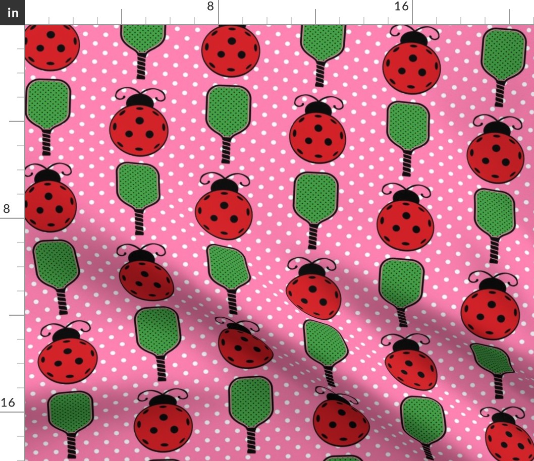Large Scale Ladybug Pickleballs and Paddles on Pink Polkadots