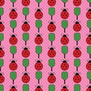 Small Scale Ladybug Pickleballs and Paddles on Pink Polkadots