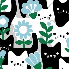 M - Flower Cats Blue Black White Gray Vintage Retro Garden Floral Baby Nursery Scandi