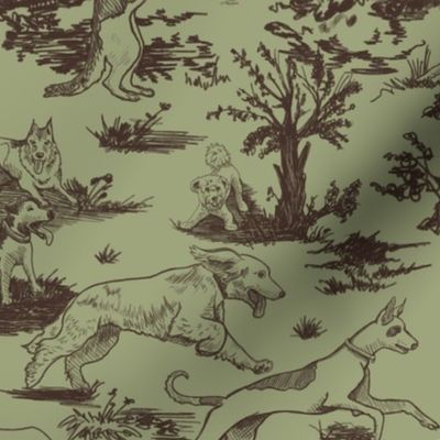 Large Dog Park Toile de Jouy, Camo Green