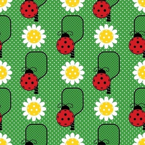 Bigger Scale Ladybug Pickleballs Paddles and Daisy Flowers on Green Polkadots