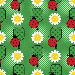 Smaller Scale Ladybug Pickleballs Paddles and Daisy Flowers on Green Polkadots