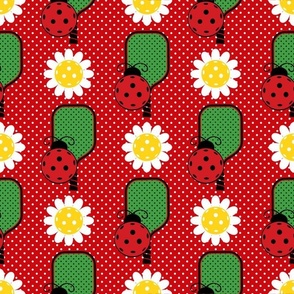Bigger Scale Ladybug Pickleballs Paddles and Daisy Flowers on Red Polkadots