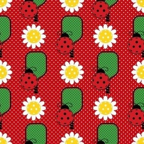 Smaller Scale Ladybug Pickleballs Paddles and Daisy Flowers on Red Polkadots