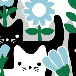 L - Flower Cats Blue Black White Gray Vintage Retro Garden Floral Baby Nursery Scandi