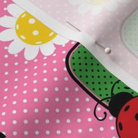 Bigger Scale Ladybug Pickleballs Paddles and Daisy Flowers on Pink Polkadots