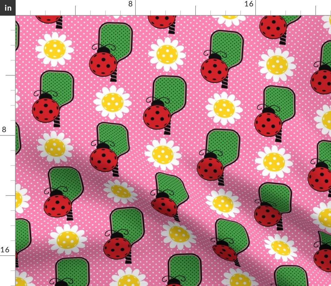 Bigger Scale Ladybug Pickleballs Paddles and Daisy Flowers on Pink Polkadots