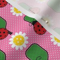 Smaller Scale Ladybug Pickleballs Paddles and Daisy Flowers on Pink Polkadots