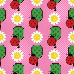 Smaller Scale Ladybug Pickleballs Paddles and Daisy Flowers on Pink Polkadots