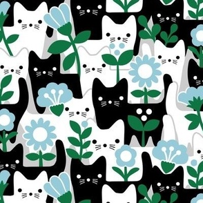 S - Flower Cats Blue Black White Gray Vintage Retro Garden Floral Baby Nursery Scandi