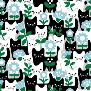 XS - Flower Cats Blue Black White Gray Vintage Retro Garden Floral Baby Nursery Scandi