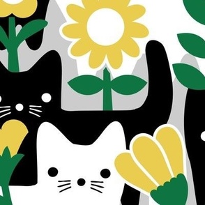 L - Flower Cats Yellow Black White Gray Vintage Retro Garden Floral Baby Nursery Scandi