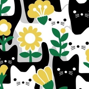 M - Flower Cats Yellow Black White Gray Vintage Retro Garden Floral Baby Nursery Scandi