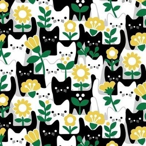 XS - Flower Cats Yellow Black White Gray Vintage Retro Garden Floral Baby Nursery Scandi