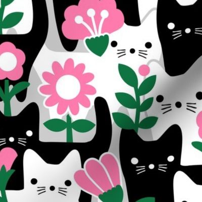 M - Flower Cats Fuchsia Pink Black White Gray Vintage Retro Garden Floral Baby Nursery Scandi