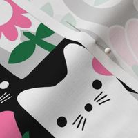 M - Flower Cats Fuchsia Pink Black White Gray Vintage Retro Garden Floral Baby Nursery Scandi