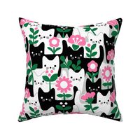 M - Flower Cats Fuchsia Pink Black White Gray Vintage Retro Garden Floral Baby Nursery Scandi