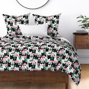 M - Flower Cats Fuchsia Pink Black White Gray Vintage Retro Garden Floral Baby Nursery Scandi