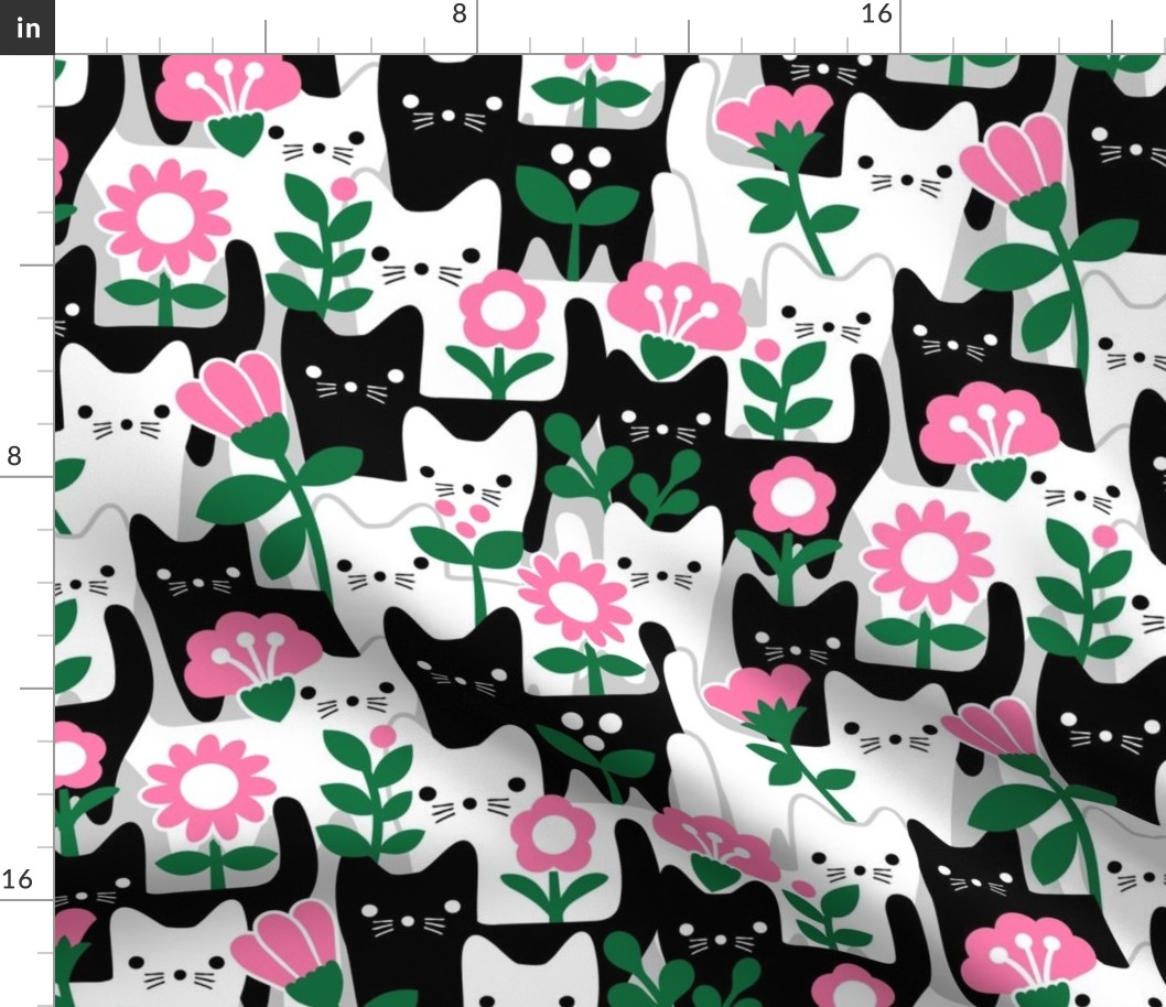 M - Flower Cats Fuchsia Pink Black White Gray Vintage Retro Garden Floral Baby Nursery Scandi