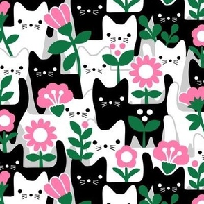 S - Flower Cats Fuchsia Pink Black White Gray Vintage Retro Garden Floral Baby Nursery Scandi