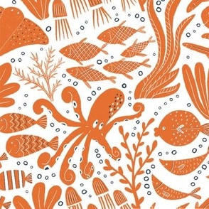Sea Creatures  || Orange Sea Creatures  on White || Summer Cove Collection by Sarah Price
