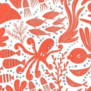 Sea Creatures  || Red Sea Creatures  on White || Summer Cove Collection by Sarah Price