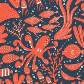 Sea Creatures  || Red Sea Creatures  on Navy Blue || Summer Cove Collection by Sarah Price